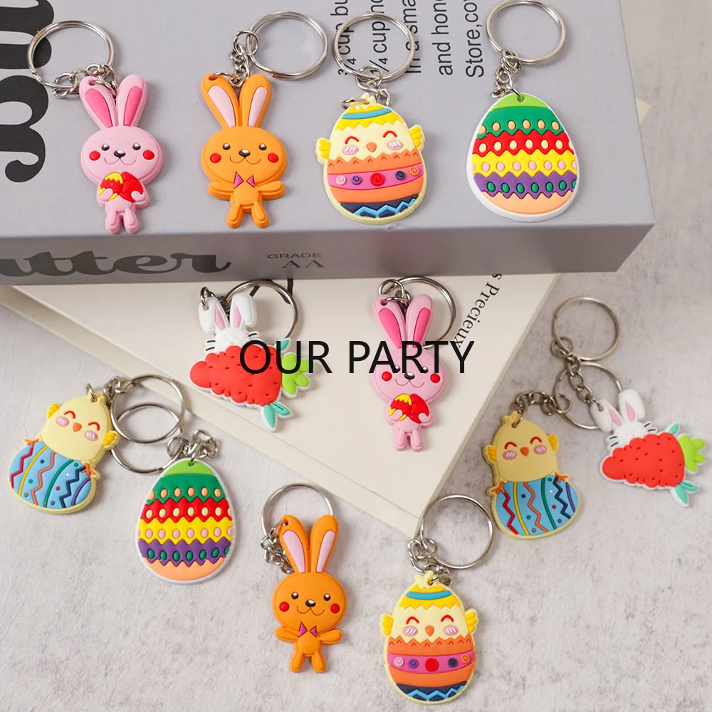 12Pcs Cartoon Carrots Rabbit Eggs PVC Keychains Backpack Pendant for Kids Birthday Party Favors Happy Easter Gift Pinata Fillers