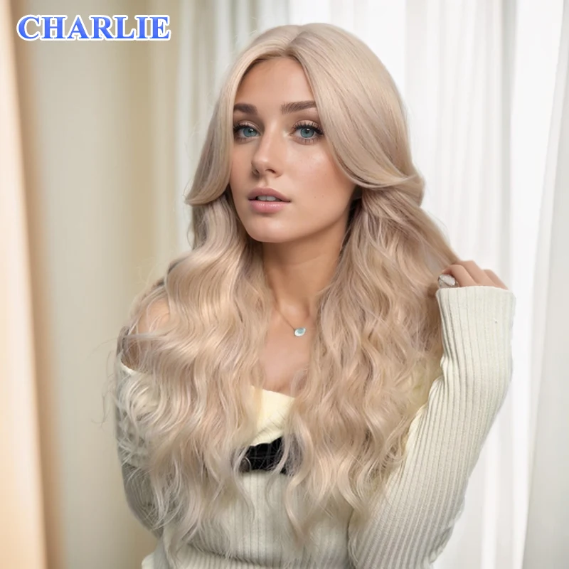 Synthetic Lace Front Wig Blonde Synthetic Long Wavy Wig with Long Bangs for Women Cosplay High Density Hair Wig For Daily Use