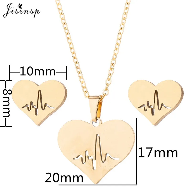 New Fashion Stainless Steel Love Heart Pendant Necklace Earring Women Hollow Electrocardiogram Jewelry Girls Chic Necklaces Gift