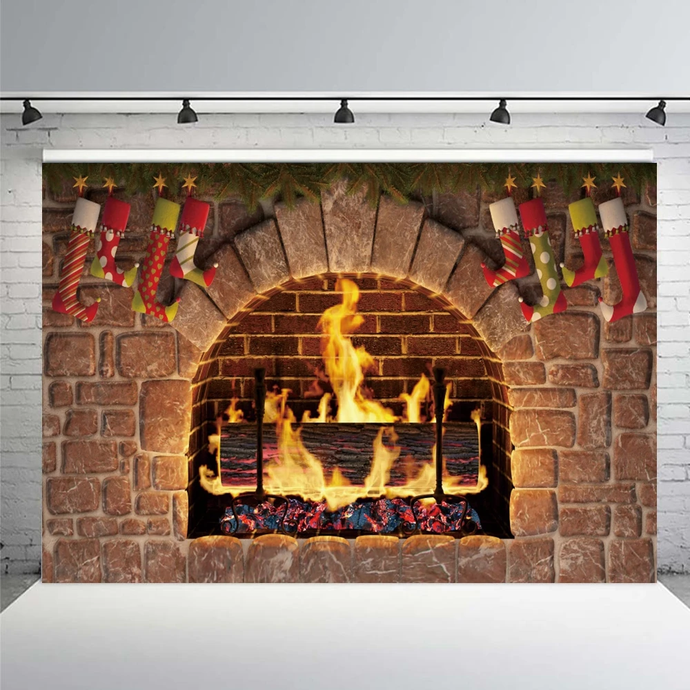 Christmas Fireplace Backdrop Photography Burning Flame Room Decor Festival Party Vintage Arch Brick Stove Photo Background