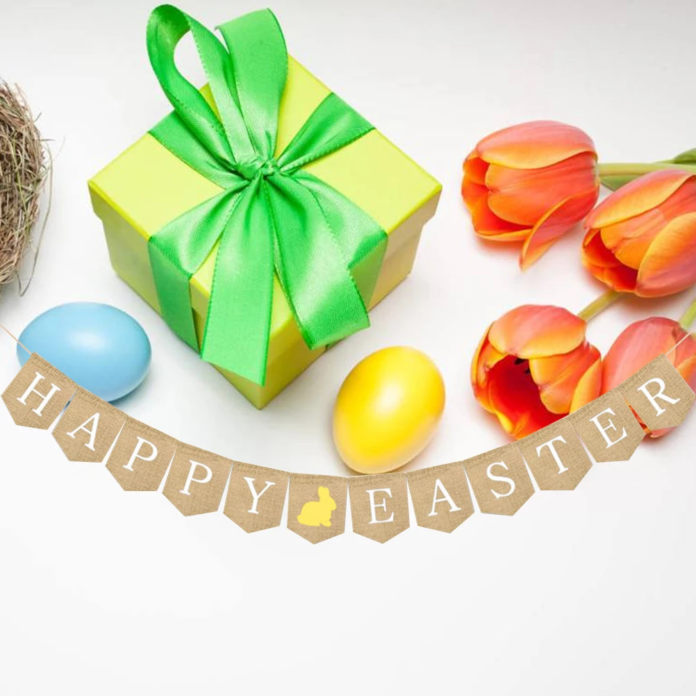 

Burlap Easter Banner Rabbit Pull Flag 17X13Cm 2.5M Rope Prehung Garland For Party Decor Wall Hanging Photo Props(Yellow)