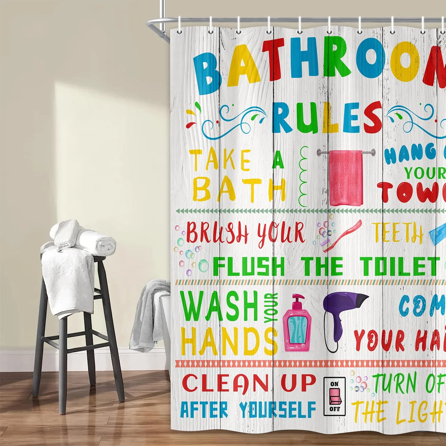 VIKAMA Bathroom Rules Funny Slogan Shower Curtain, Colorful Cartoon Print Waterproof Family Bathroom Partition Curtain