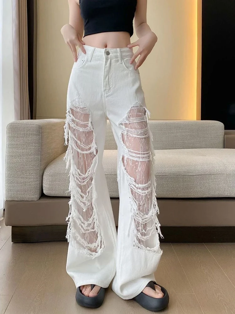 

Zoki White Lace Hole Jeans Women Streetwear Retro High Waist Y2K Denim Pants Harajuku Casual Hip Hop Female American Jeans New