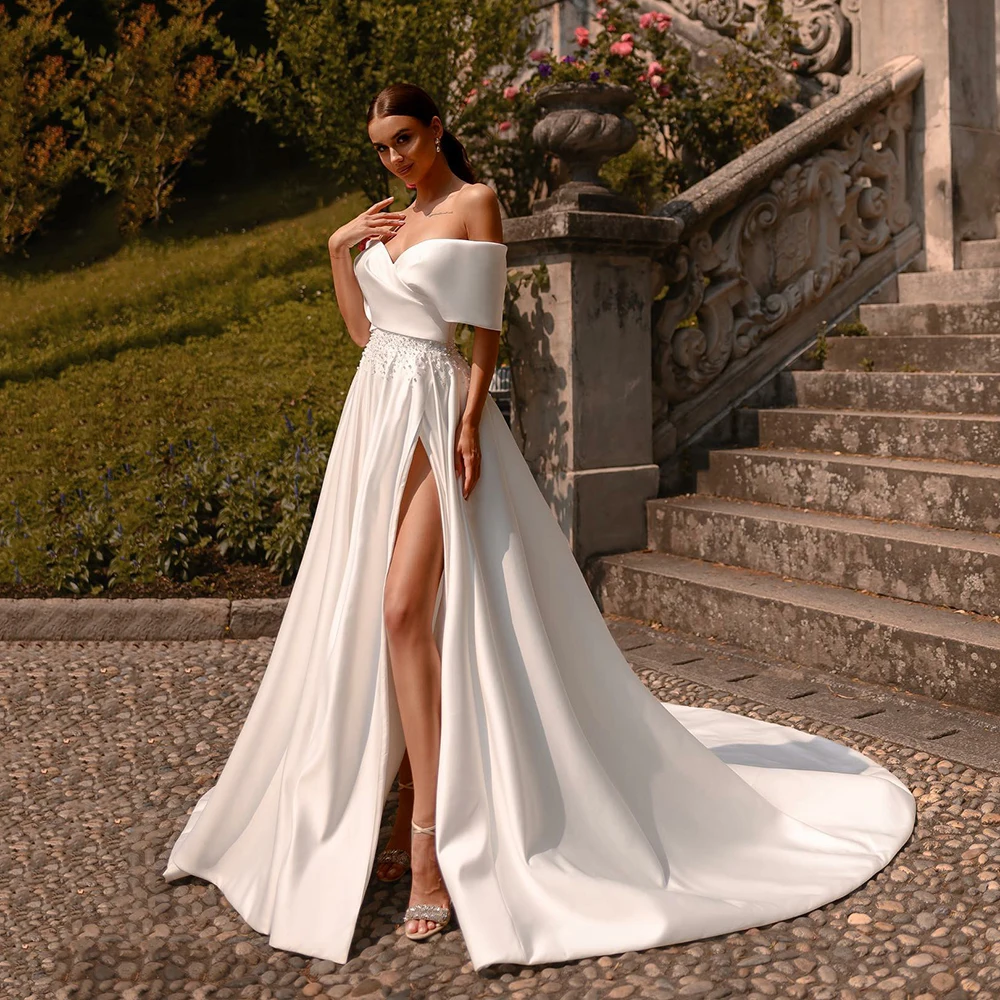 

Msikoods Off Shoulder Satin Wedding Dress 2025 High Slit Sexy A Line Bides Gown Beaded Elegant Modern Bridal Dress Customized