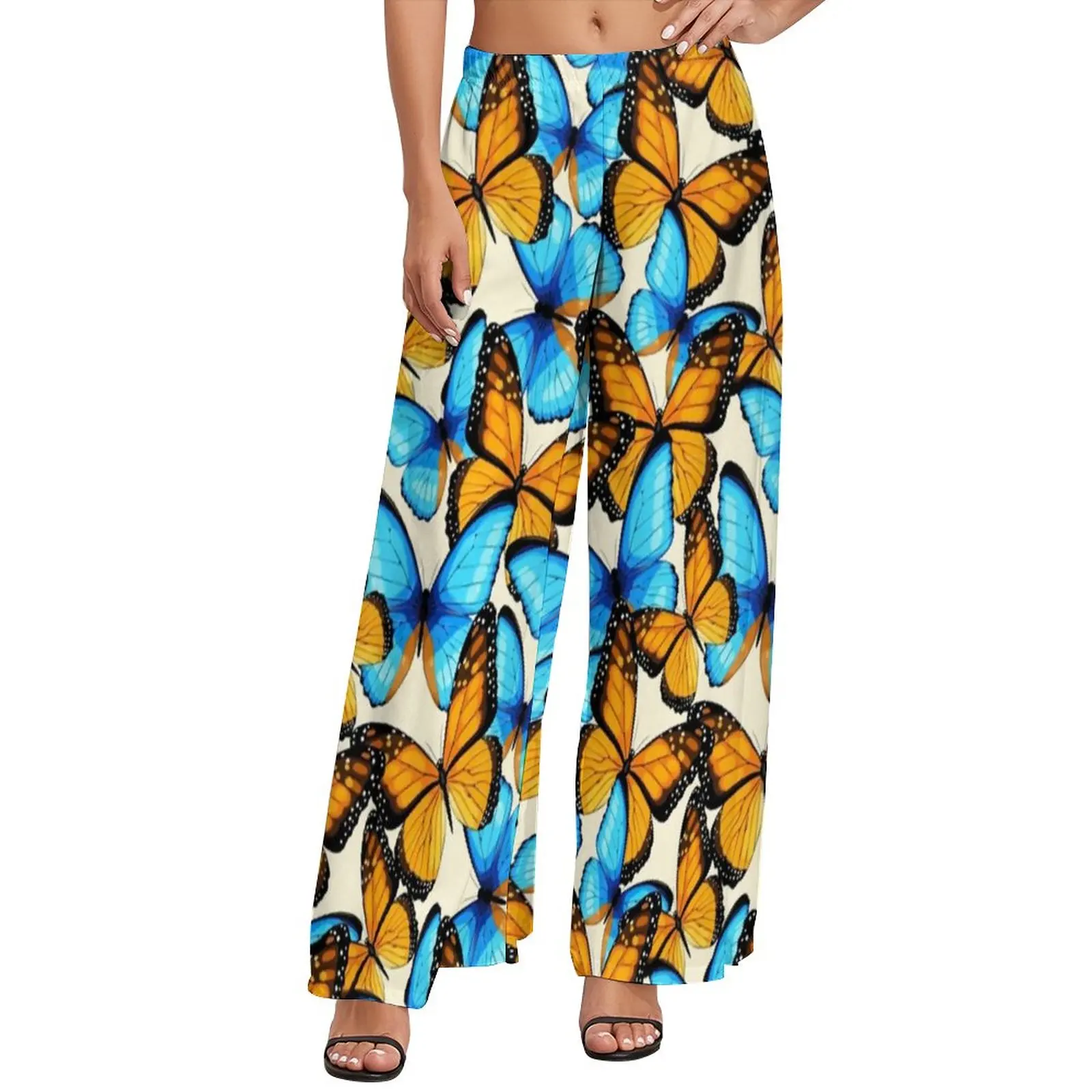 Blue And Yellow Monarch Butterfly Pants Womens Butterflies Art Watercolor Animal High Waist Workout Print Straight Wide Pants