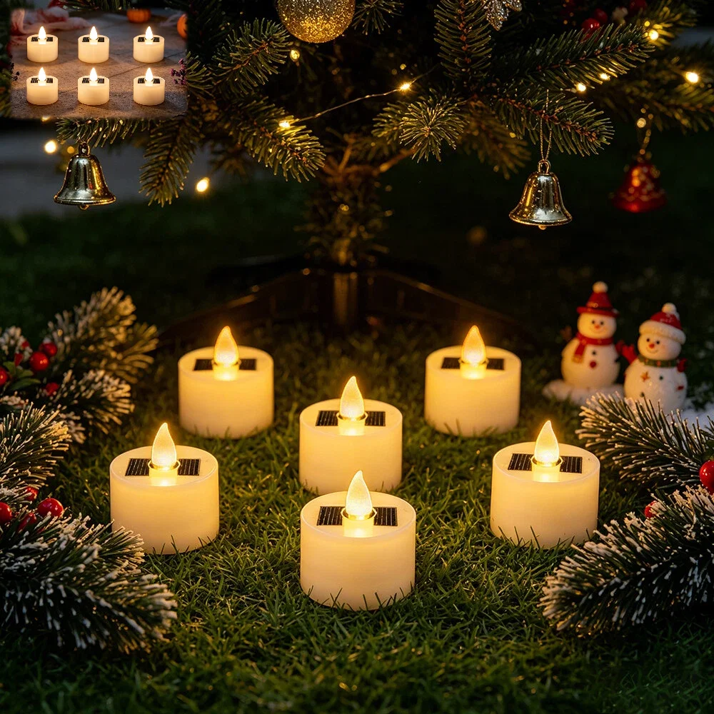 6 Pcs Solar Powered LED Candle Lights, Cylindrical Tea Light Decorations for Outdoor Christmas, Halloween Patio Ambiance Candles
