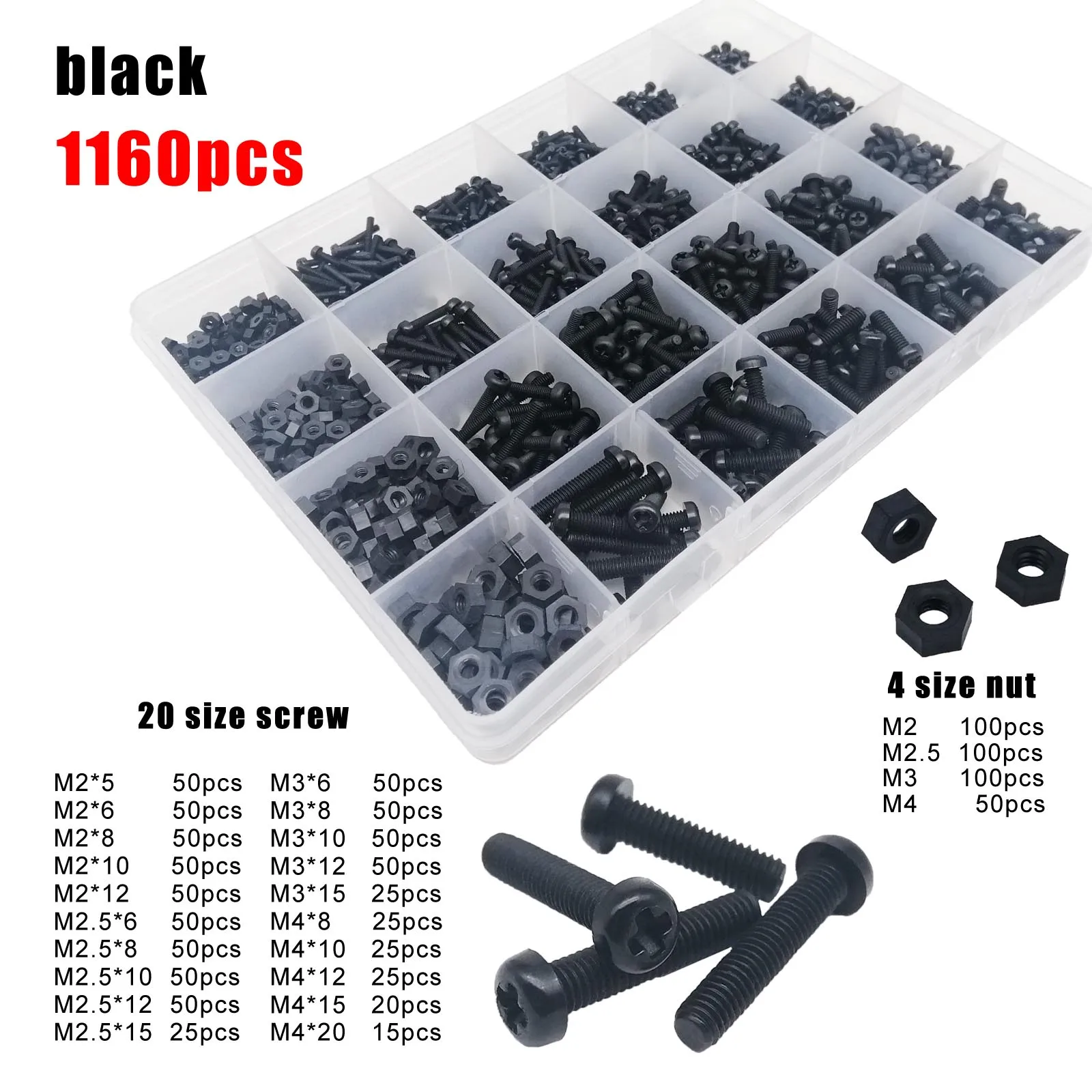 300/700/1160pcs M2 M2.5 M3 M4 Black White Nylon Plastic Insulating Cross Phillips Pan Round Head Bolt Screw Nut Set Mix Kit Box