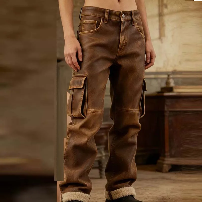 Pantalones Cargo Marrones Vintage Para Hombre, Pantalones Casuales Retro Para Exteriores, Invierno 2026, Pantalones De Pierna Recta De Cuero Pu Con Múltiples Bolsillos Y Terciopelo Cálido — -22%, 14.93€ Coupon, from 49.99€ – 22% descuento – €49.99