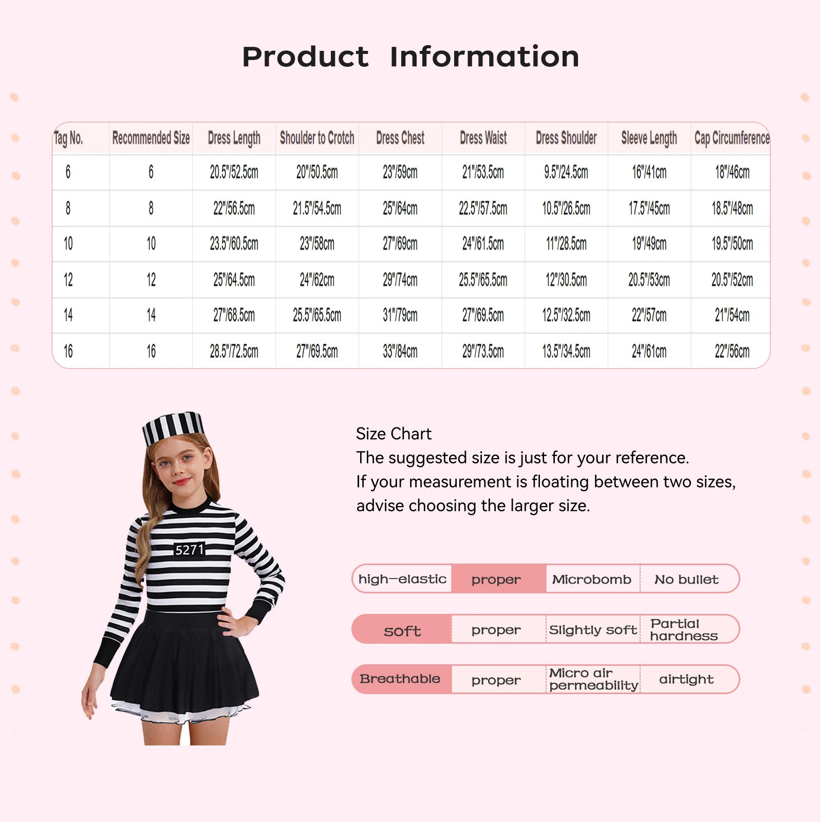 

Kids Girl Striped Puffy Dress Prisoner Costume Long Sleeve Ruffled Tutu Dress and Caps Convict Role Play Halloween Dress Outfit