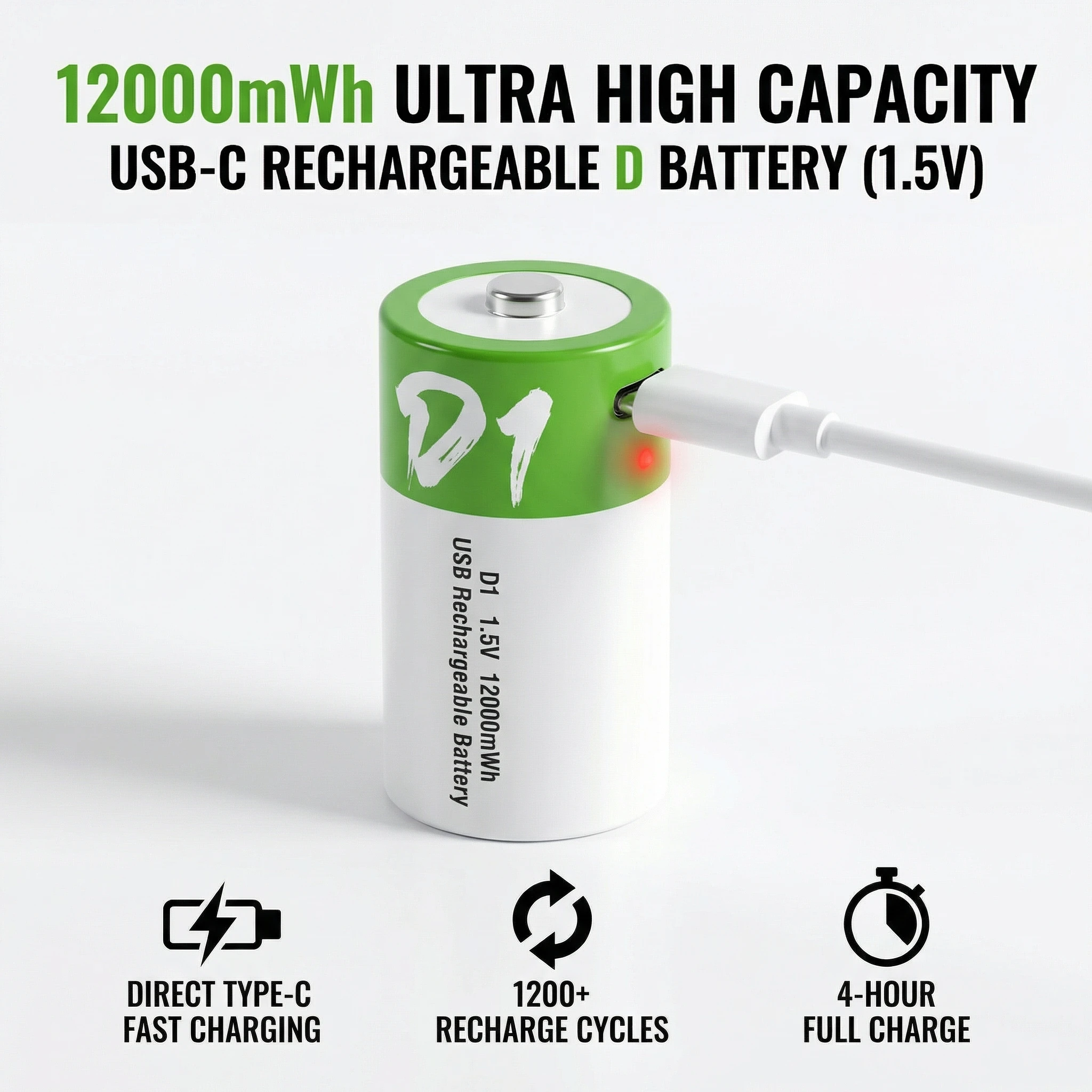 LR20 D1 Size 12000mWh Lithium Battery, 1.5V Rechargeable Design with Type-C Charging Wire for Gas Stoves Lamps and Water Heaters