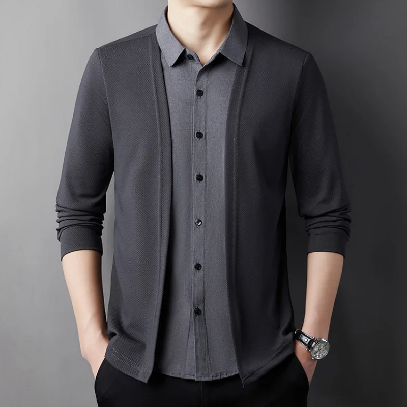 2026 Spring Autumn Men's Fake Two Pieces Slight Stretch Casual Long Sleeve Shirt Loose Lapel Business Shirt Lightweight