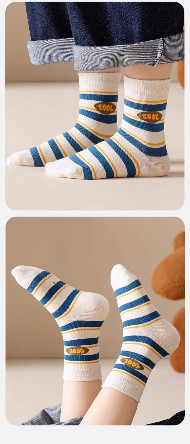 5 Paar Kinder-Kniestrümpfe für den Herbst, Cartoon-Muster, gestreift, weich, atmungsaktiv, für Jungen und Mädchen, lässiges Kindersocken-Set – Detail 1
