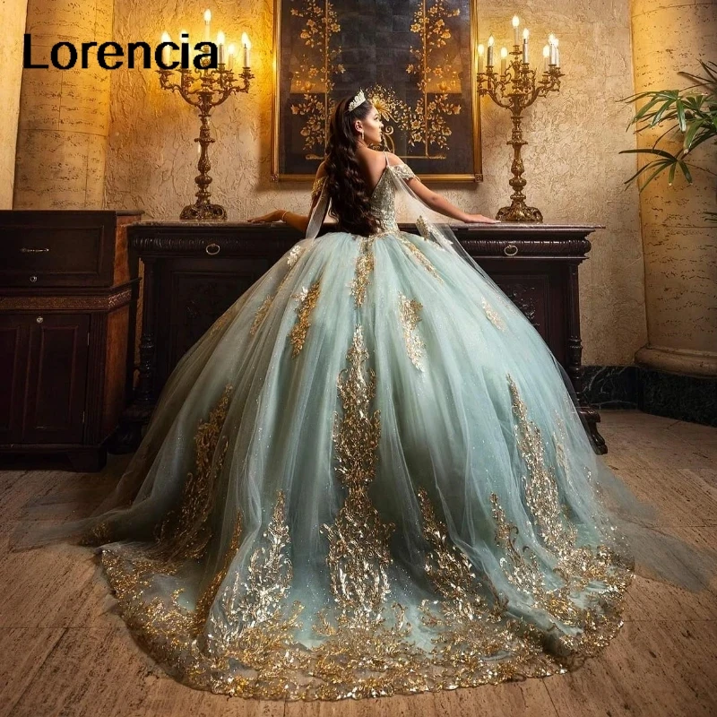 Lorencia-Vestido de baile com aplique dourado com capa, vestido brilhante e sábio Quinceanera, Mexican Sweet 16, 15 anos, YQD818