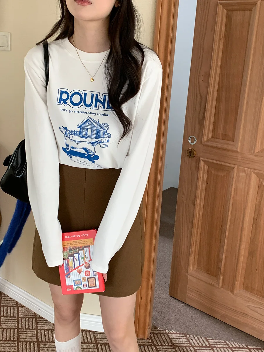 

Korobov Autumn American Casual Loose Cartoon Print O Neck Long Sleeve All Match T-Shirts