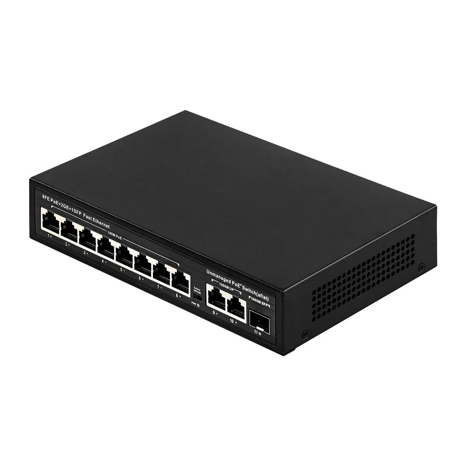 Switch Ethernet POE de 8 portas 100Mbps com 2X 1000Mbps RJ45 e 1X SFP UPLINK
