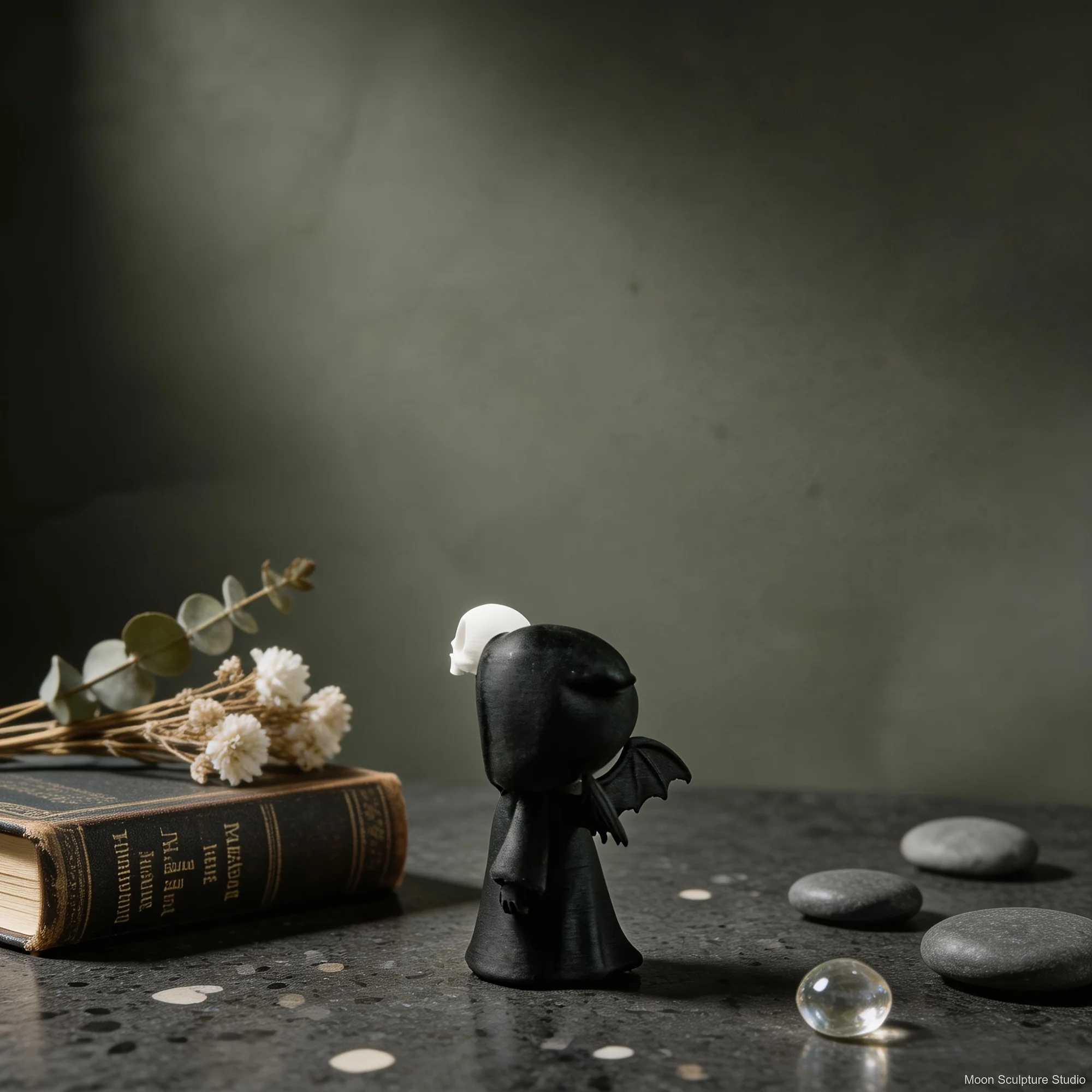 Mini Grim Reaper Resin Figure with Wings, Kawaii Skeleton Statue Holding Skull, Gothic Desktop Ornament for Halloween Party view 6