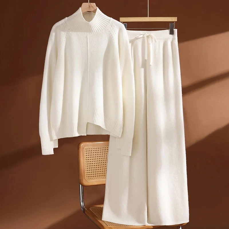 Women's Wool Turtleneck Pullover Wide Leg Pants Set 100% Wool Knitted Sweater Autumn Winter Thick Casual Cashmere Knit Two-Piece