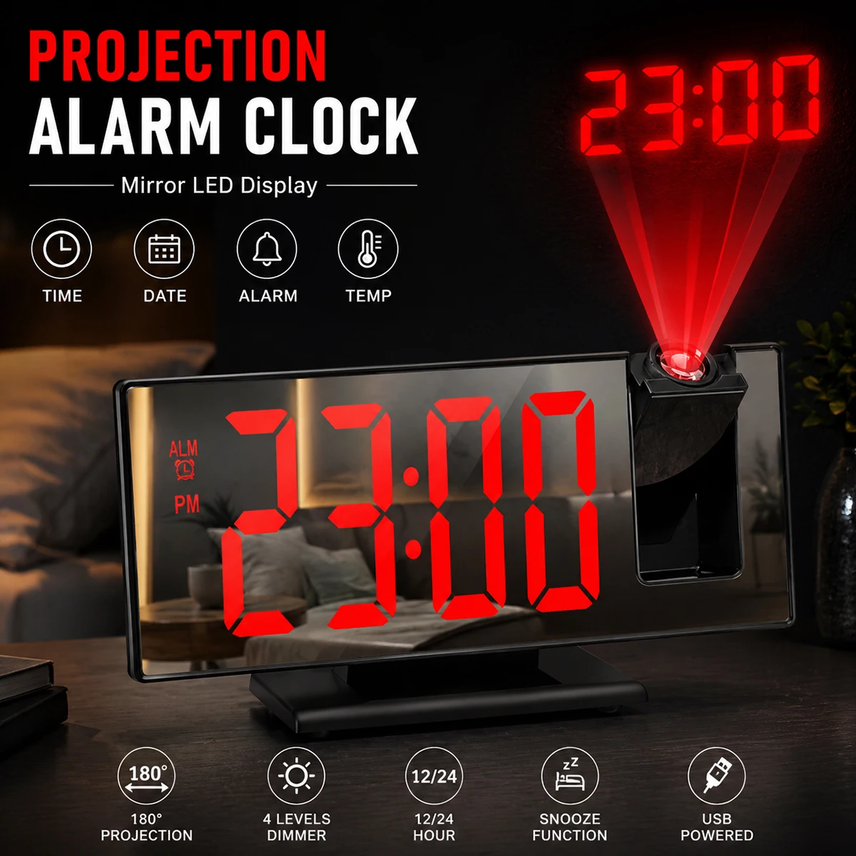 Digital Projection Alarm Clock with Temperature USB Rotatable 180 Degrees Multi-Function Night Mode Display