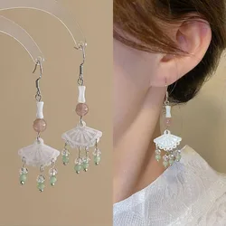 New Chinese Style Acrylic Fan Leaf Earrings for female Ancient Style Long Delicate Tassel Water Drop Pendant Ear Hook 2024 Gift