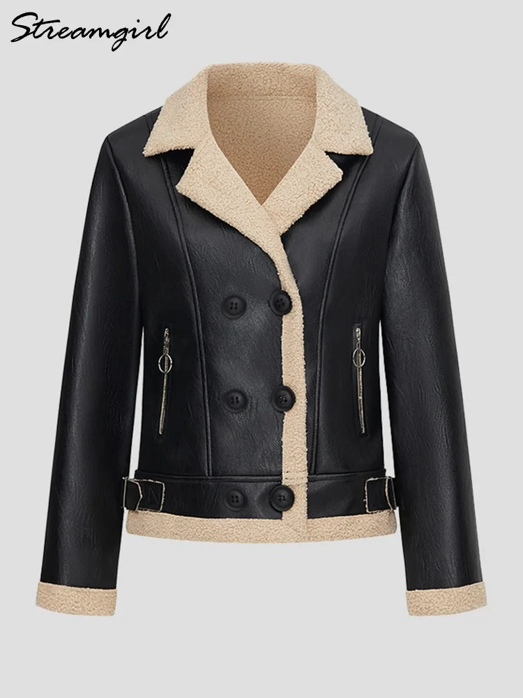 Streamgirl Winter PU Jackets For Women Warm Fleece Coat Black Thick Warm Leather Jacket Women Winter Fur Coats Outwear Spring