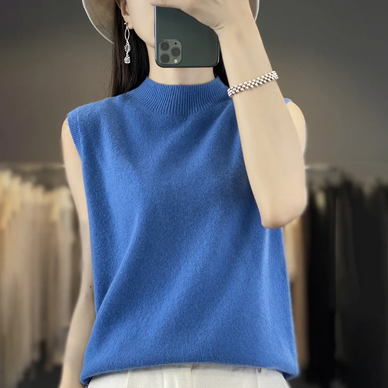 Женский свитер без рукавов из 100% чистой мериносовой шерсти, кашемировый вязаный пуловер с полувысоким воротником, однотонный высококачественный повседневный топ WQ811