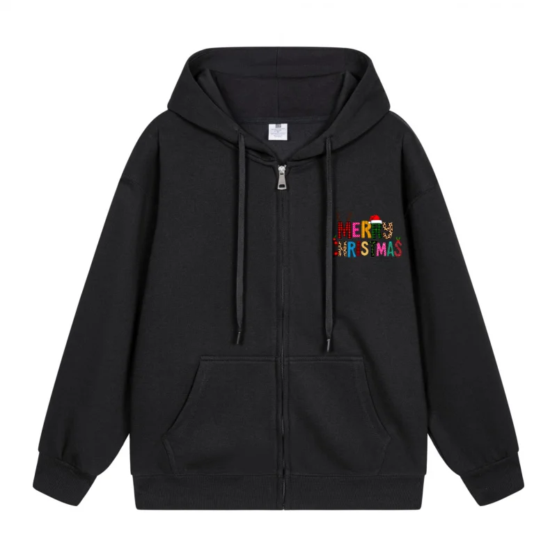 

Men's Zip-Up Hoodie Black Hoodie Merry Christmas Printed On Black Hoodie With Rainbow Colors Christmas in 2025 Festive Print
