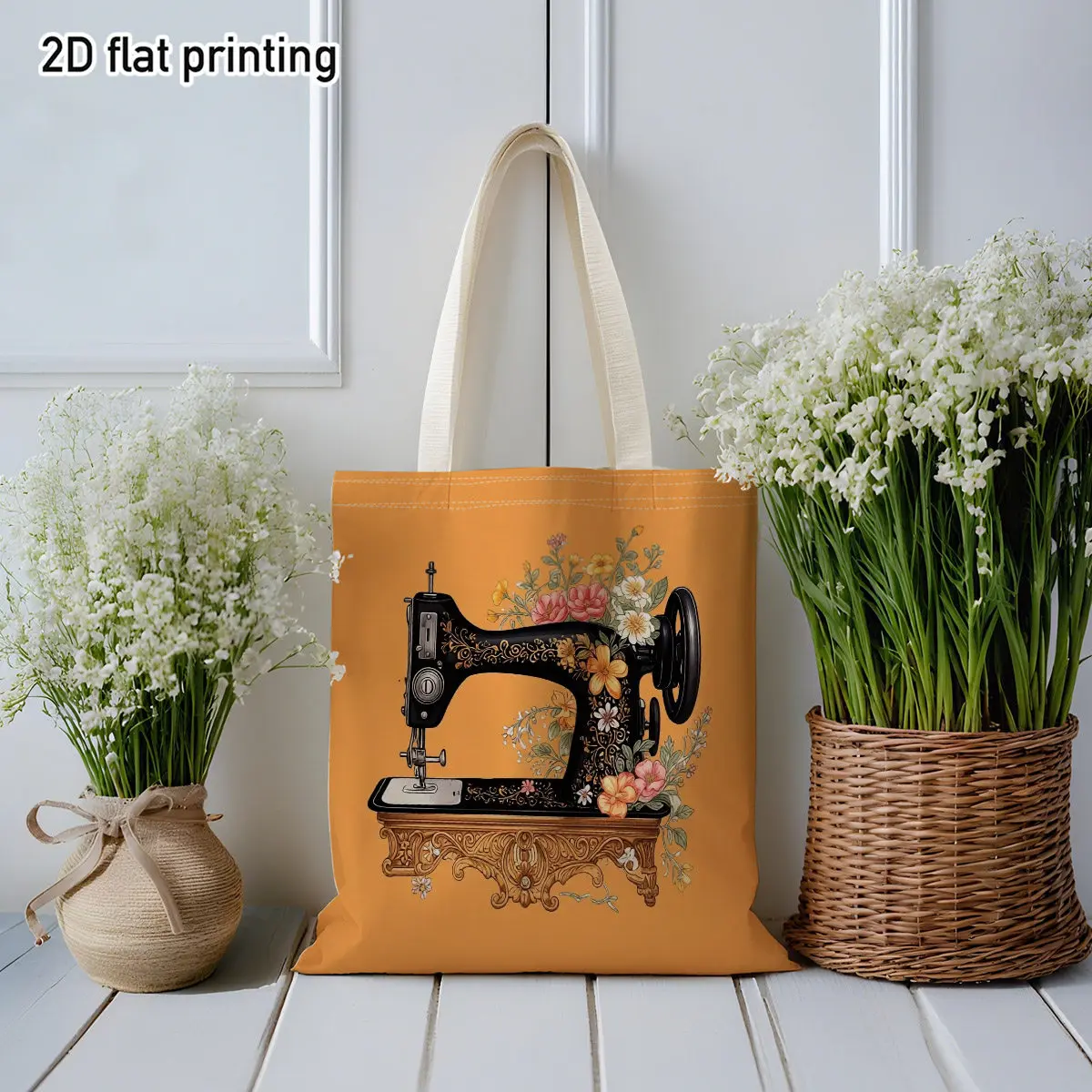 Vintage Style Vintage Sewing Machine Durable Tote Bag, Back to School, Duplex Prints Black Sewing Machine with Floral Decor