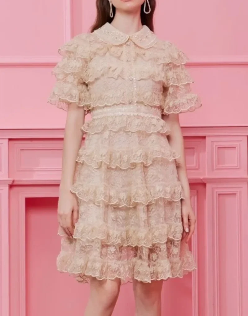 Nuovo ricamo pizzo rosa abito da donna aderente manica corta estate elegante abbigliamento da donna sfilata design festa vestido albicocca