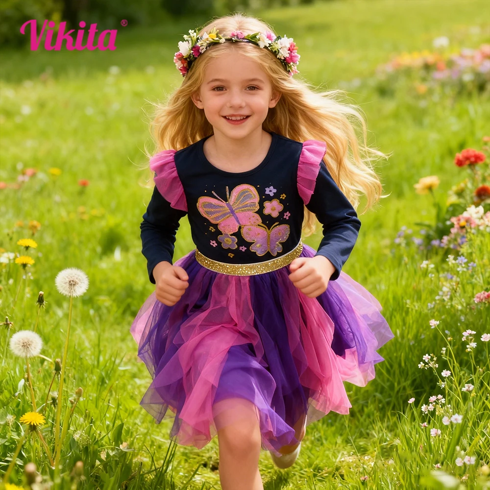 VIKITA Girls Long Sleeve Tutu Layered Dress Kids Butterfly Flower Print Irregular Dresses Girl Birthday Party Princess Clothes
