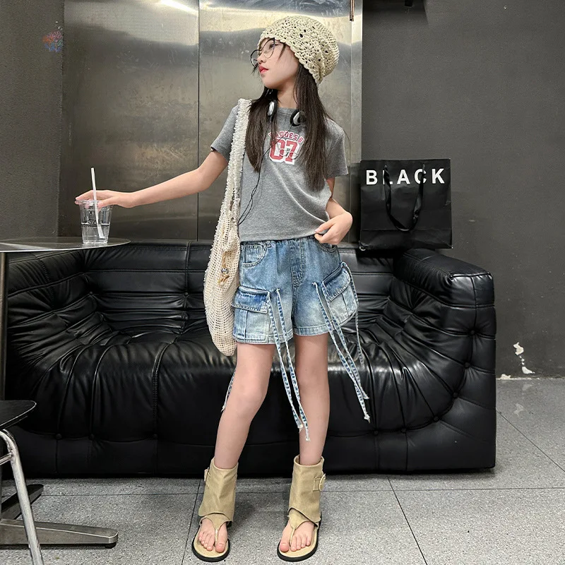 Kids Streetwear Fringe Jeans Shorts for Tweens Girls New Summer Fashion Denim Cargo Shorts with Pocket Child Hip Hop Mini Pants