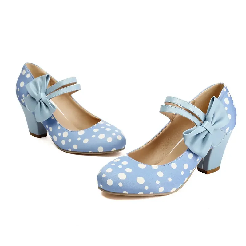 Sweet Lovely Round Closed Toe Polka Dot Bowtie Know Women Mary Janes Shoes Blue Green Chunky High Heels Big Size 47 48 073-17