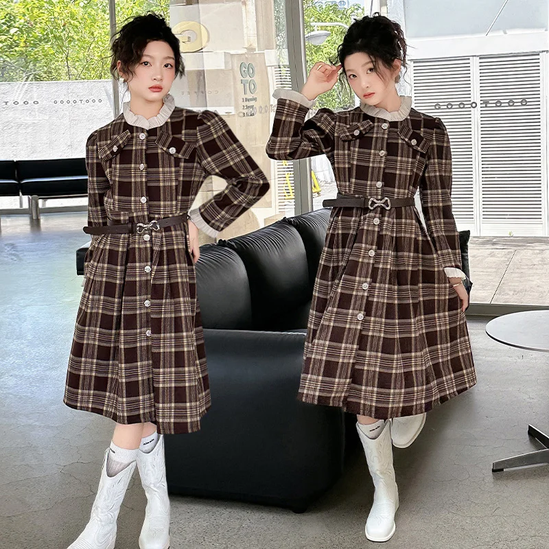 autumn French teen girls plaid Dress belt Lotus leaf collar princess long dresses fashion junior kids clothes 4-14 adolescent