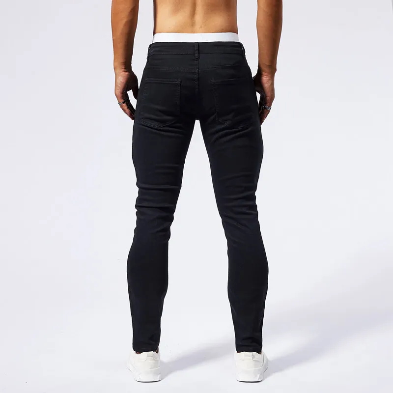 2024 New Summer Muscle Jeans, Men's Elastic Slim Fit, Perforated Patch, Street Fashion, Black Tight Pants