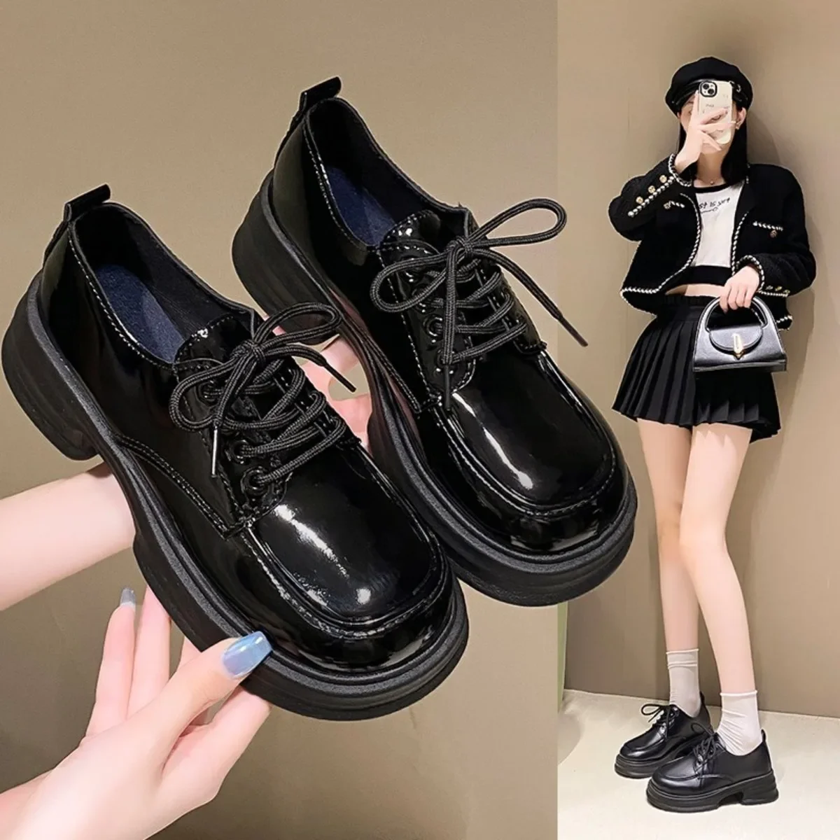 

Women's British Style Shoes- Round Toe Thick Sole Synthetic Leather, Wear-Resistant Comfortable Spring-Autumn Daily Office Shoes