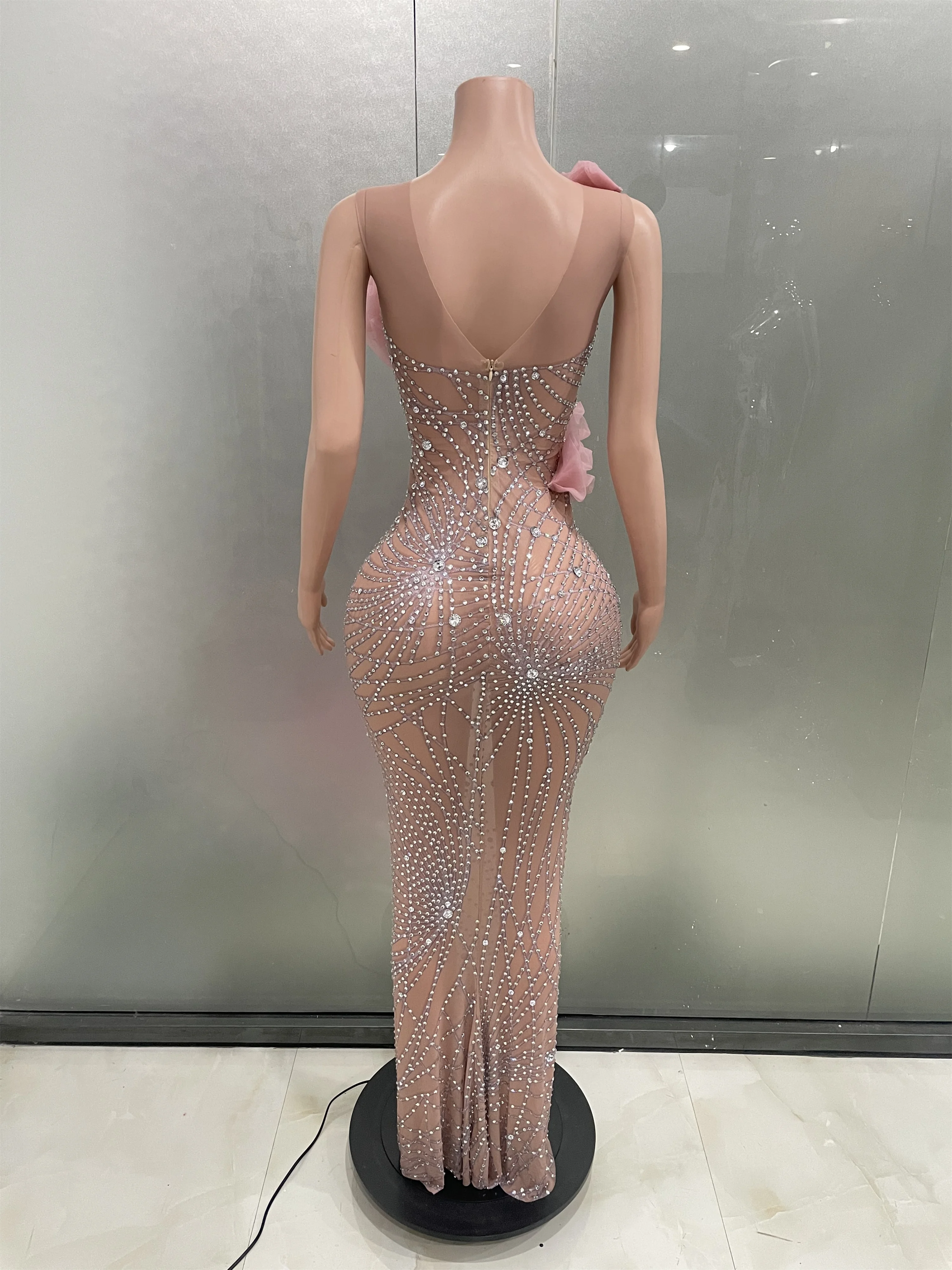 Sparkly Rhinestones Pink Long Dress for Women Sexy Mesh Sleeveless See Through Celebrate Evening Prom Birthday Photo Shoot Wear