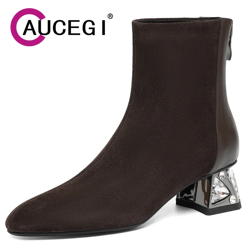 Aucegi Fashion Comfortable Thick Heels Women Ankle Boots Casual Autumn Winter Round Toe Back Zipper Dress Office Casual Shoes