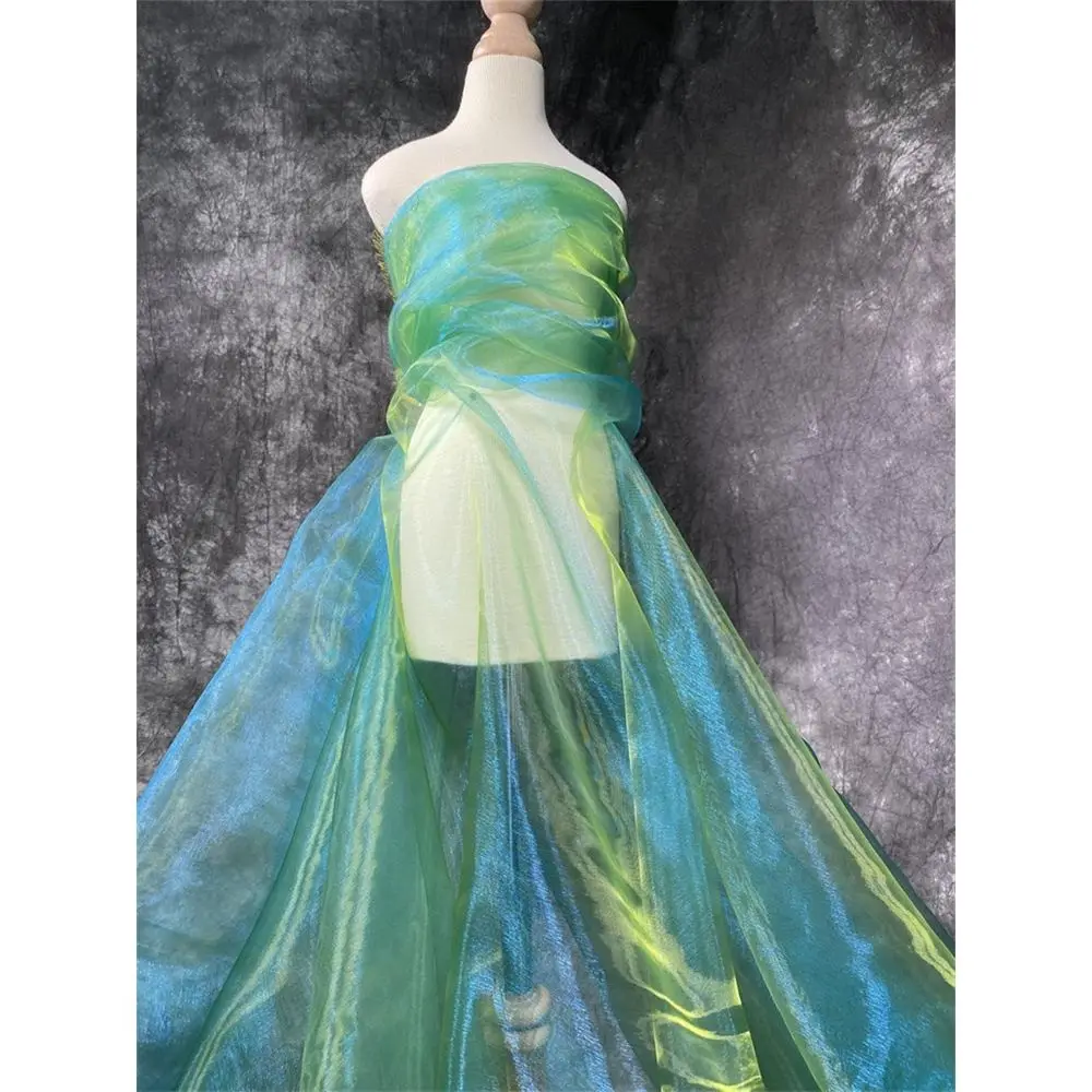 Tela de Organza Holográfica Iridiscente, Gasa Ligera Transparente para Manualidades, Decoración del Hogar, Fondos de Fiesta (Verde Esmeralda con Amarillo)