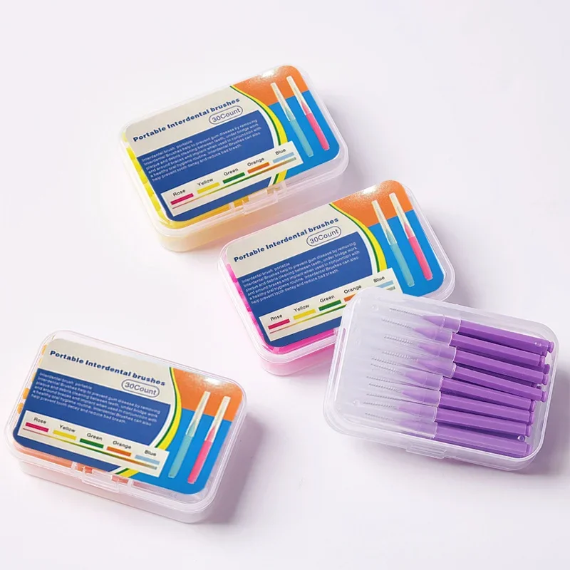 แปรงซอกฟัน 30 ชิ้น/กล่อง ขนาด 0.6-1.2 มม. สำหรับดูแลสุขภาพฟัน แปรงแบบดัน-ดึง ขจัดคราบอาหาร คราบพลัค ช่วยให้ฟันขาวสะอาด อุปกรณ์ทำความสะอาดช่องปาก