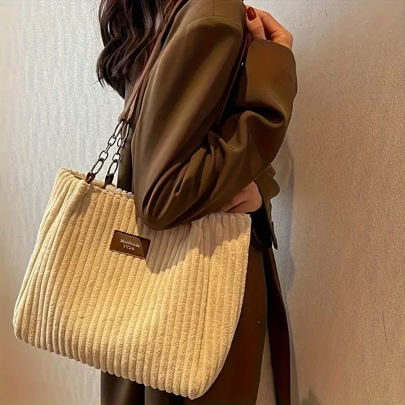 Cord-Einkaufstasche mit großem Fassungsvermögen, Umhängetasche mit Kettenriemen für Damen, Polyesterfutter, Reißverschluss, Schwarz, Beige, Khaki, Grün – Detail 8