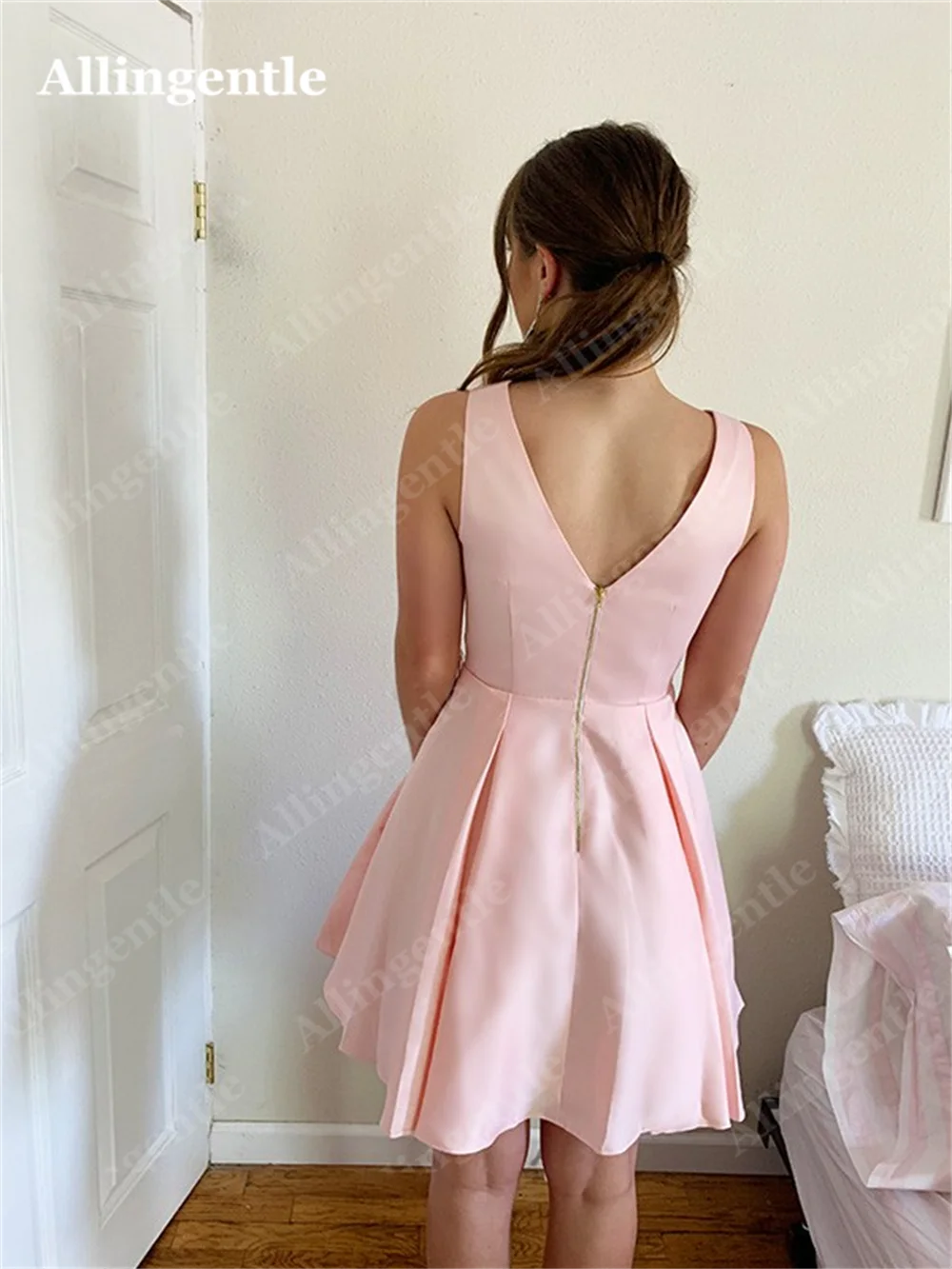 Allingentle Short Mini Graduation Homecoming Dresses 2024 Sleeveless V-neck Satin A-Line Cocktail Party Gowns Vestidos De Gala