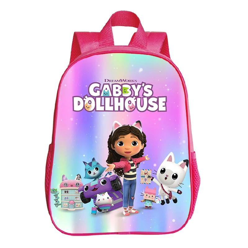 Kawaii Gabby\'s Dollhouse School Backpacks for Kids Girls Pink Bookbag Kindergarten Bags 12 Inch Children Backpack Waterproof Bag