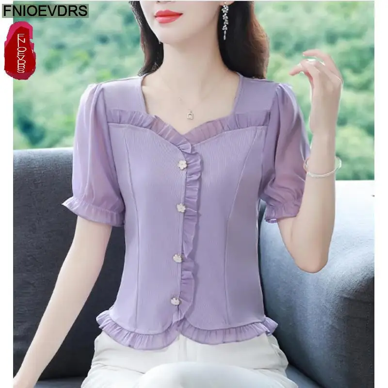 

S-3XL 2023 Women Summer Short Sleeve Elegant Office Lady Work Button Shirt Casual Slim Ruffles Peplum Tops And Blouses