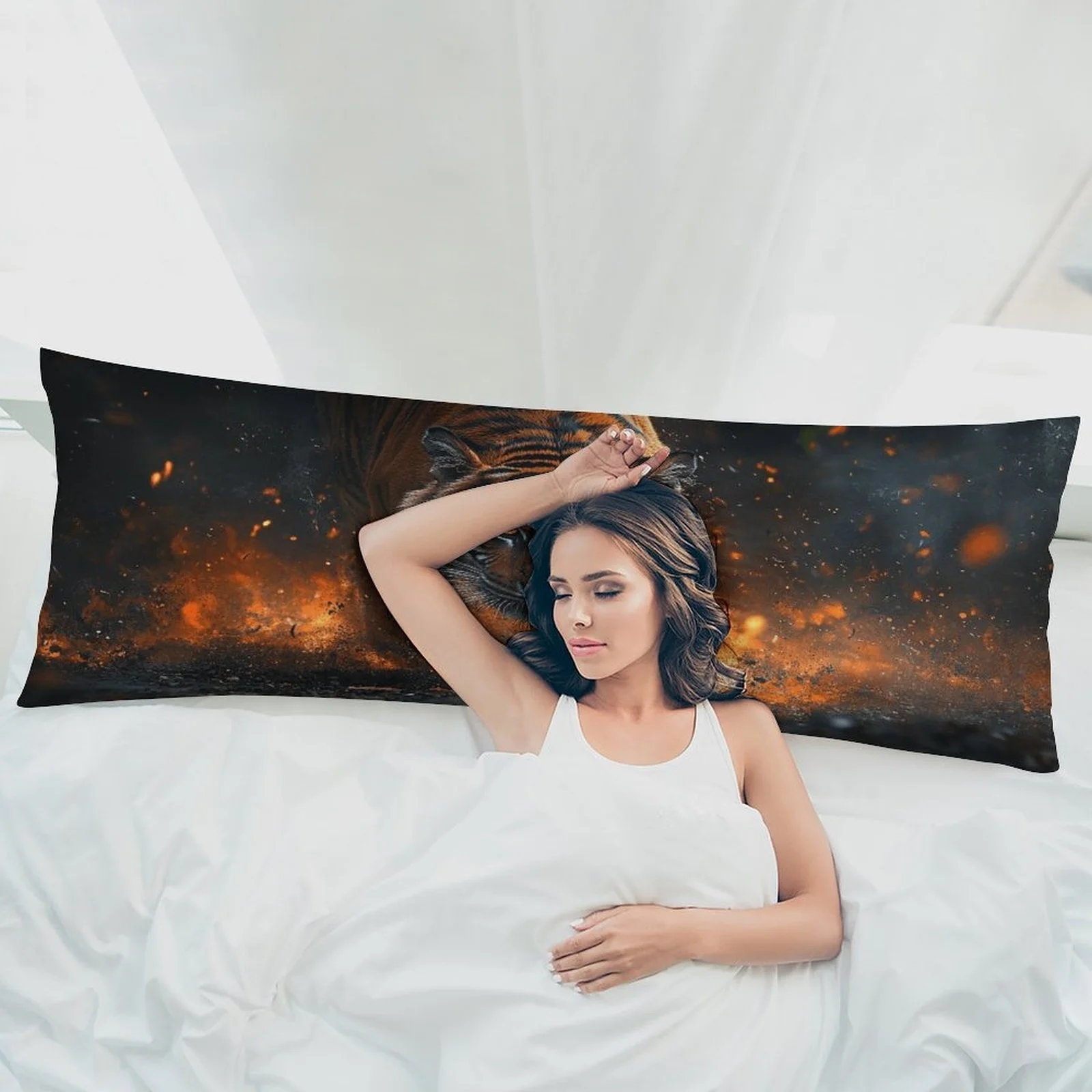 Extra-Long Pillowcase - King-Size Mattress Cover with Tiger Face and Flame Pattern, Soft Plush Flannel Fabric, Dark Orange/Black