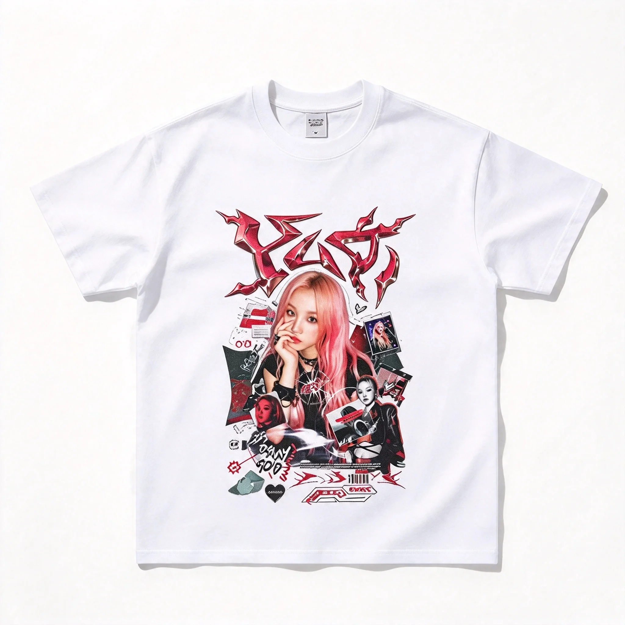 2026 Pink Haired Girl Portrait Grunge Collage Jagged Red Metallic Text Front Print Oversized T-shirt Y2K Trendy Short Sleeve Top