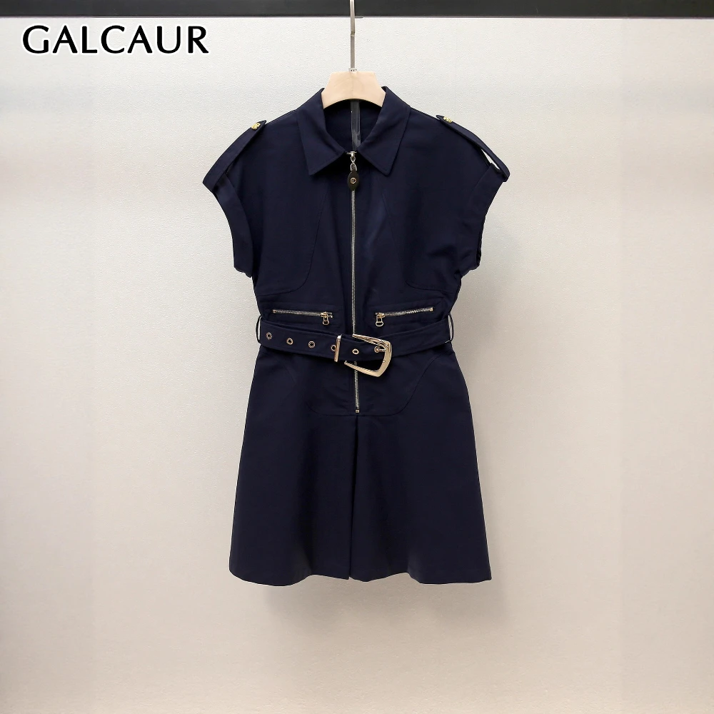 

GALCAUR Navy Spliced Sashes Dress Female Lapel Sleeveless Patchwork Zipper Streetwear Women's Dresses Autumn Fashion Style New