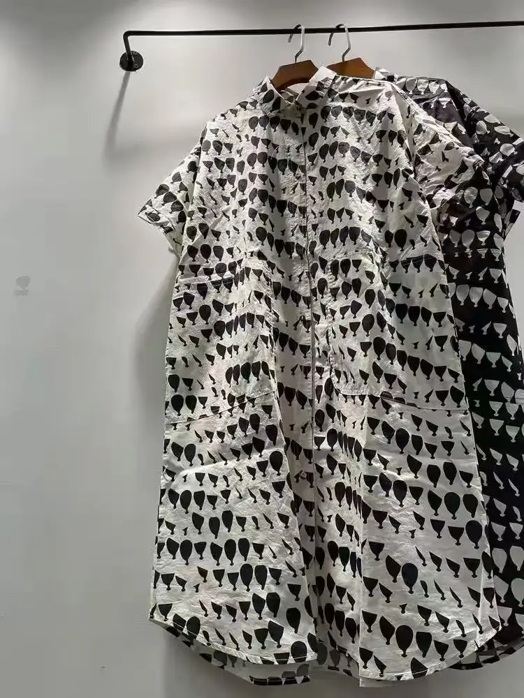 2027 Harajuku fashion 100% cotton white black geometric print shirt dress for women Japanese summer original dresses