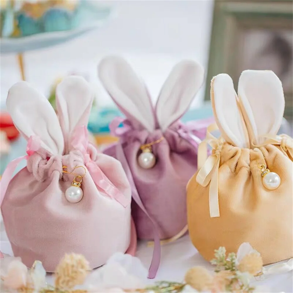 1PC Easter Rabbit Ears Candy Bag Velvet Draw String Gift Packaging Bags Goodie Snack Favors Pouches Jewelry Storage Bags