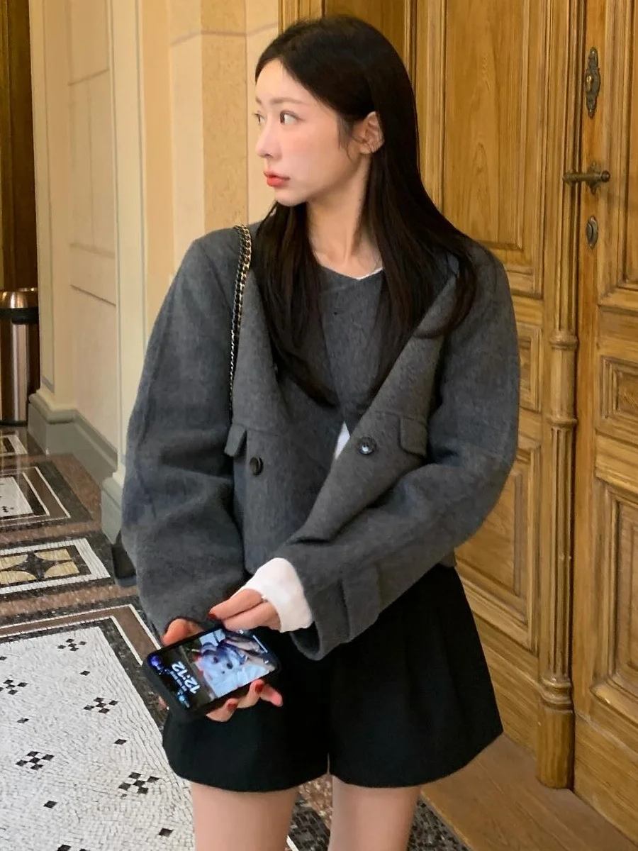 معطف ريترو إلي بسيط مستدير Ne بزر مزدوج من التويد للنساء مقاس صغير لتخفيض العمر ملابس خارجية من الصوف #2