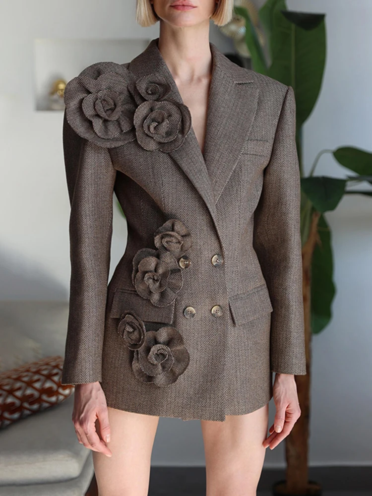 TWOTWINSTYLE Solide Tempérament Blazers Pour Femmes Col Cranté Manches Longues Patchwork Appliques Designer Élégant Blazer Femme