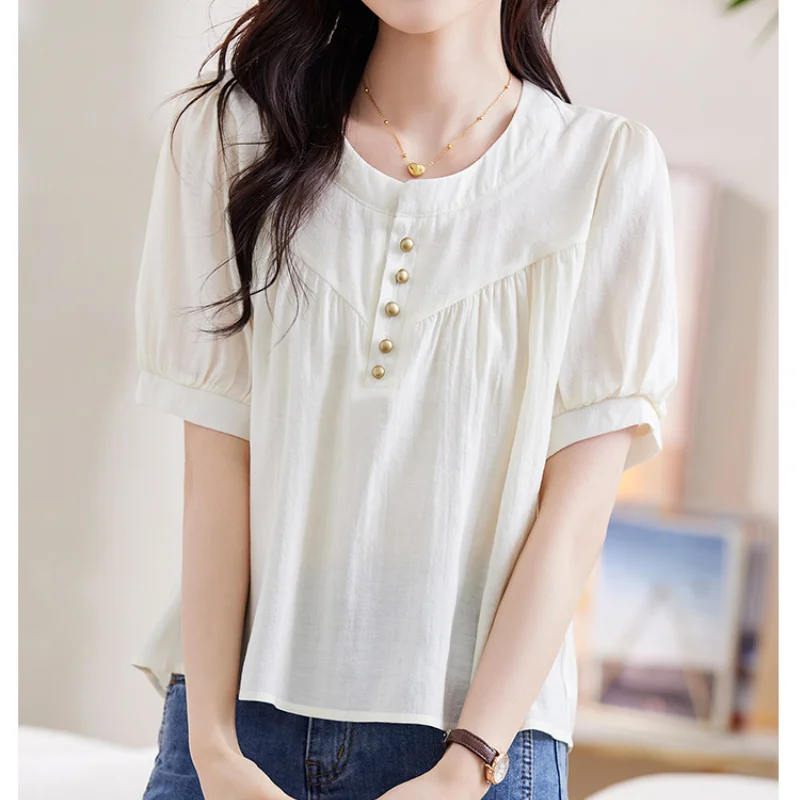 Summer Women\'s Solid Cream Neck Short Sleeve Loose Thin Classic Korean Pullers Button Fashion Casual All Match Commute Tops